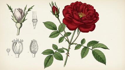 A vintage botanical illustration depicting a vibrant red rose branch with a blooming flower, a bud, green leaves, and detailed anatomical diagrams.