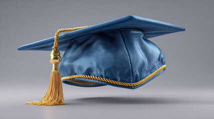 Graduation cap with gold tassel and trim on blue fabric