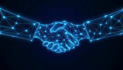 Digital handshake representing global connection and technological partnership formed by glowing blue network lines and nodes