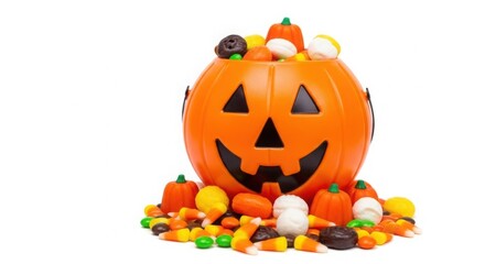 Obraz premium Halloween pumpkin bucket filled with candy isolated on white background