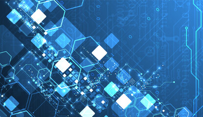 A technical background using technological lines, squares, and hexagons combined into an art composition.