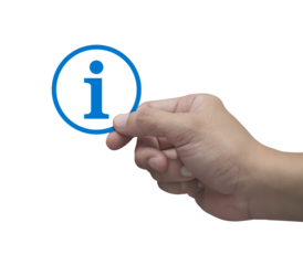 Hand holding information sign flat icon in fingers isolated on white background, Business customer service and support concept