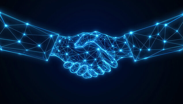 Digital handshake representing global connection and technological partnership formed by glowing blue network lines and nodes