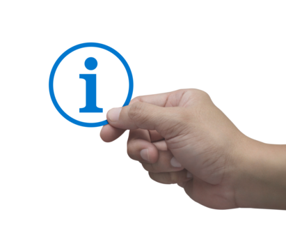 Hand holding information sign flat icon in fingers isolated on white background, Business customer service and support concept