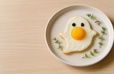 Fried eggs made from white eggs with yellow yolks in the shape of cute ghosts with eyes, on a decorative plate, on a light background, festive food for Halloween