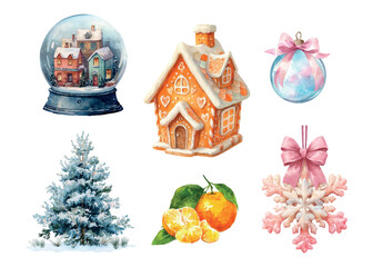 Set of watercolor Christmas elements. Gingerbread house, snow globe, Christmas tree. Christmas ball with bow, tangerine and snowflake. Cute vintage cliparts and Christmas decor. Vector illustration.