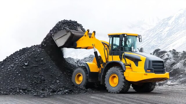Heavy yellow front loader excavator moving a load of dark gravel on construction site