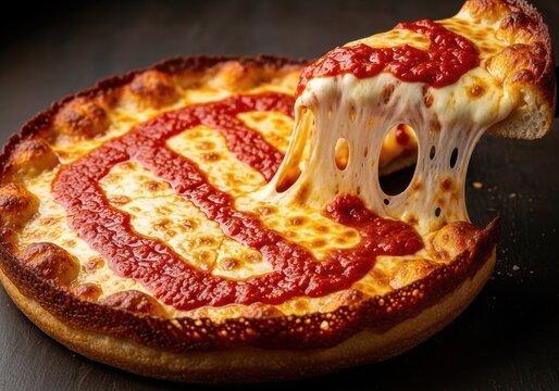 Detroit-style pan pizza with sauce stripes and mozzarella cheese pull, crispy frico crust