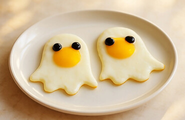 Fried eggs made from white eggs with yellow yolks in the shape of cute ghosts with eyes, on a decorative plate, on a light background, festive food for Halloween