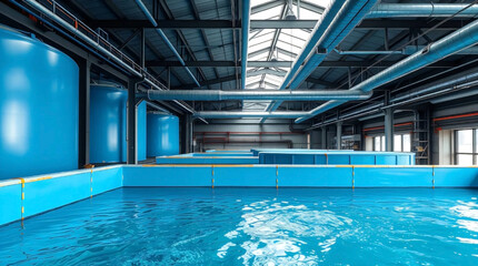 Obraz premium Fish Farming Facility in a Modern Building with Blue Water Tanks