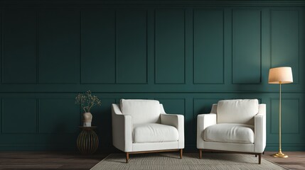 Modern, elegant living room with dark teal walls and two white armchairs
