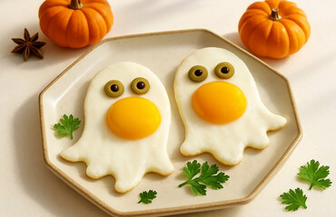 Fried eggs made from white eggs with yellow yolks in the shape of cute ghosts with eyes, on a decorative plate, on a light background, festive food for Halloween