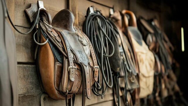 A collection of vintage leather saddles and bridles hanging on a wooden wall in a rustic stable setting