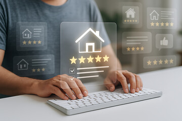 Real estate property review with holographic five star rating system representing housing reputation, trust, satisfaction and home quality