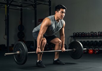 Workout, weightlifting and a man doing deadlift training with strength, weights and motivation in fitness gym. Bodybuilder, sport and strong athlete doing power exercise with a dumbbell at health club