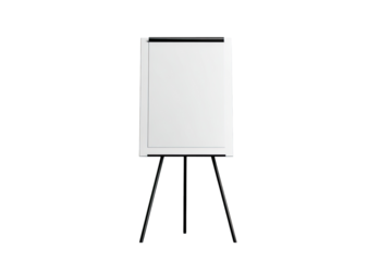 A freestanding, blank whiteboard easel against a black background.  The easel has a white surface, black legs, and a black top clip