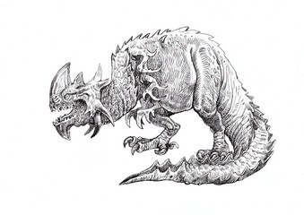A monster dragon. Mutated dinosaur. Handmade drawing. Fantasy art. © Lunstream