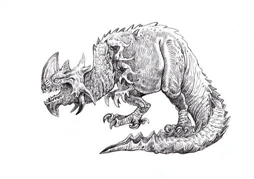 A monster dragon. Mutated dinosaur. Handmade drawing. Fantasy art.