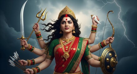 Goddess Durga with Divine Weapons in Green and Red Saree, Radiant Aura Symbolizing Strength, Power, and Protection in Hindu Mythology