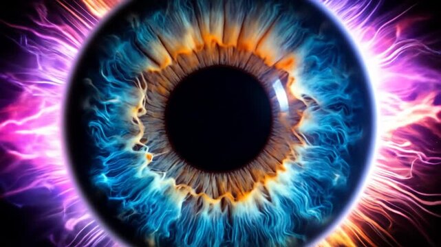 Human eye with blue iris surrounded by colorful, energetic light