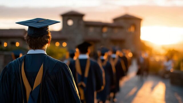 A sunset-lit scene of graduates casting long shadows in a university courtyard, symbolizing the transition from one life chapter to the next.