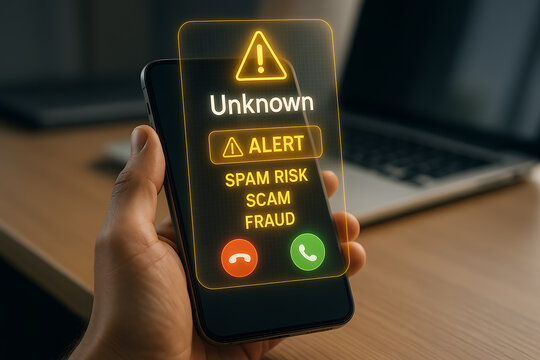 Unknown caller alert on smartphone with spam risk, scam and fraud warning notification representing mobile security and call protection