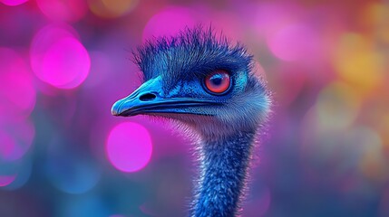 Close up of an emu head with vibrant pink and blue bokeh photo background bird animal