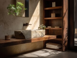 A bathroom with a sink and a shelf. The shelf has a potted plant on it. There are two books on the shelf