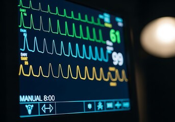 Obraz premium Closeup of a medical monitor displaying vital signs and heart rate waveforms in a hospital setting