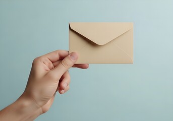 Close-up of a hand holding a small brown envelope against a soft pastel background