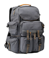 Naklejka premium Adventure gear backpack for hiking outdoors functional design gray isolated on transparent background