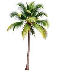 Coconut Palm Tree Isolated on White Background, Lush Green Fronds and Brown Trunk