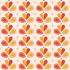 Cute pattern seamless of abstract heart shape and leaves with red and yellow color tone. Heart vector with boho style. Concept of geometric, dots, vintage, lovely for wrapping paper, wallpaper, print.