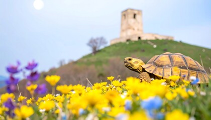 A tortoise ambles through a vibrant meadow of yellow flowers, with a weathered tower in the background.