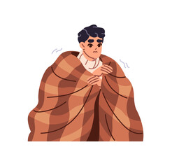 Frozen boy warms up under woolen plaid indoors. Young man with checkered blanket freezes in winter. Ill person shivers from cold weather, frost. Flat isolated vector illustration on white background.