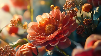 Soft focus close-up of a vibrant coral pink dahlia flower floral bloom photo