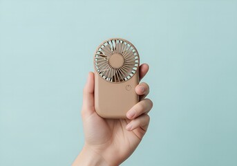 Person holding a small portable handheld fan providing personal cooling on a bright blue background