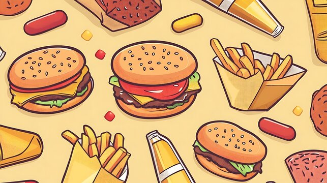 Seamless pattern of American fast food items like burgers and fries hamburger french fries photo