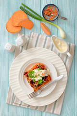sweet potato casserole with bacon, cheese, onion