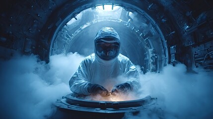 Scientist in a protective suit working with radioactive material in a futuristic laboratory, generating smoke and a mysterious glow, highlighting scientific exploration and danger