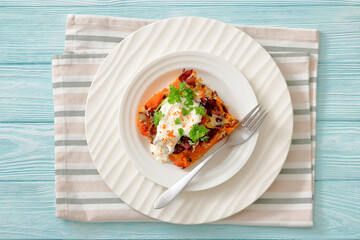 sweet potato casserole with bacon, cheese, onion