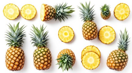 Fresh Pineapple Collection, Whole, Halved, and Sliced Pineapples isolated on White Background