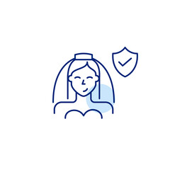 Bride, shield and checkmark. Protected ceremony, certified matrimonial standards, safe wedding arrangements. Pixel perfect, editable stroke vector icon