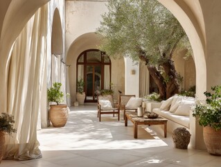 Fototapeta premium A large arched doorway leads to a courtyard with a tree and a bench. There are several potted plants and vases scattered throughout the area