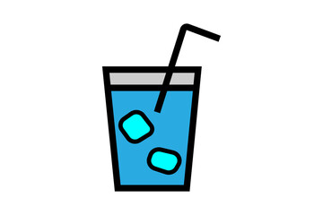 The image shows a glass of blue drink with ice cubes and a straw.
