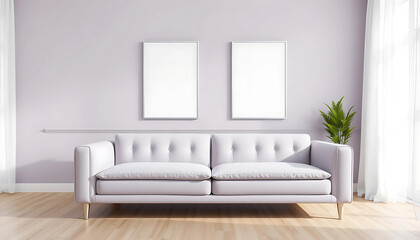 Fototapeta premium A pastel lavender sofa, two ISO A poster mockups in frameless acrylic mounts above, styled with light wood flooring and airy curtains.