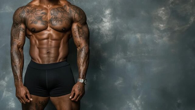 A muscular man with tattoos wearing black shorts stands against a textured gray background