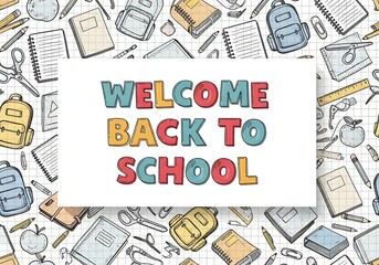 Welcome back to school colorful lettering with school supplies pattern isolated on white background