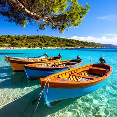 Fototapeta premium Sunny beach scene with colorful boats