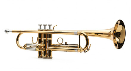 Fototapeta premium Golden brass trumpet musical instrument on isolated transparent background.
